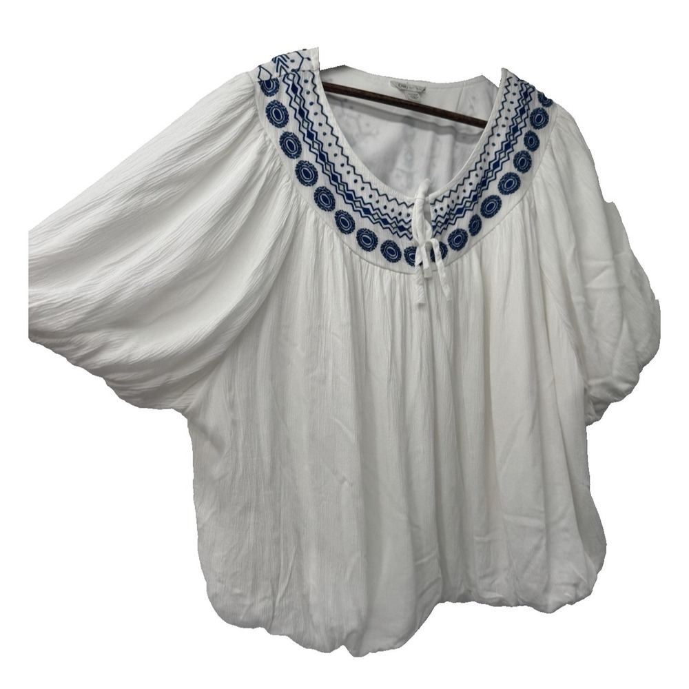 CATO Blue and White Embroidered Blouse puff sleeve balloon bottom nautical beach